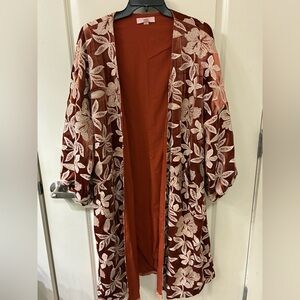 Traffic People Rust & White Embroidered Floral Kimono